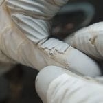 The rubber coating on the gloves of this astronauts glove has come away due to poor adhesion onto the fabric, and flaking of the coating.