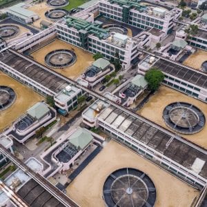 An aerial view of a water waste treatment plant.