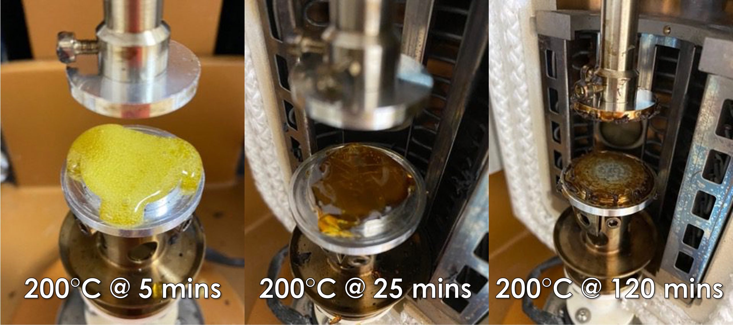 3 images - On the left a brightly coloured sample has been on the rheometer at 200°C for 5 minutes. The middle picture shows discolouration after the sample has been on for 25 minutes. On the far right the sample is hardly recognisable having been on the rheometer for 120 minutes.